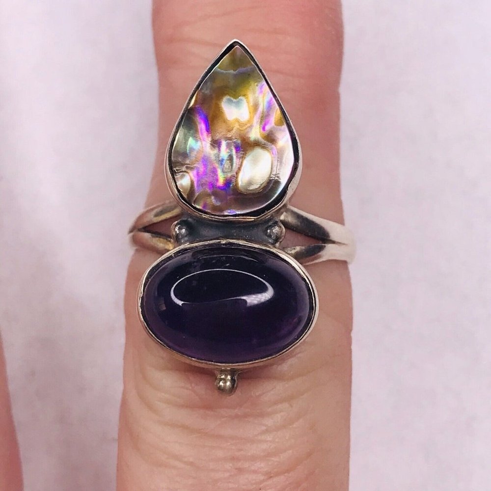 Sterling Silver Ring Amethyst Abalone Cab Stones Size 7 925 Night Signed
